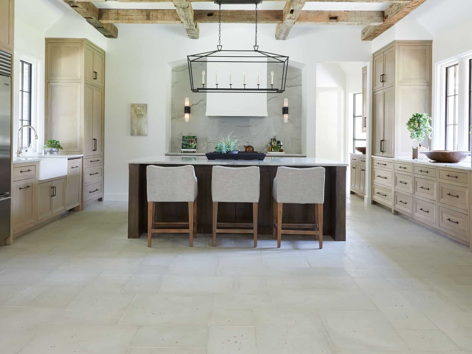 A rustic kitchen featuring oyster concrete pavers